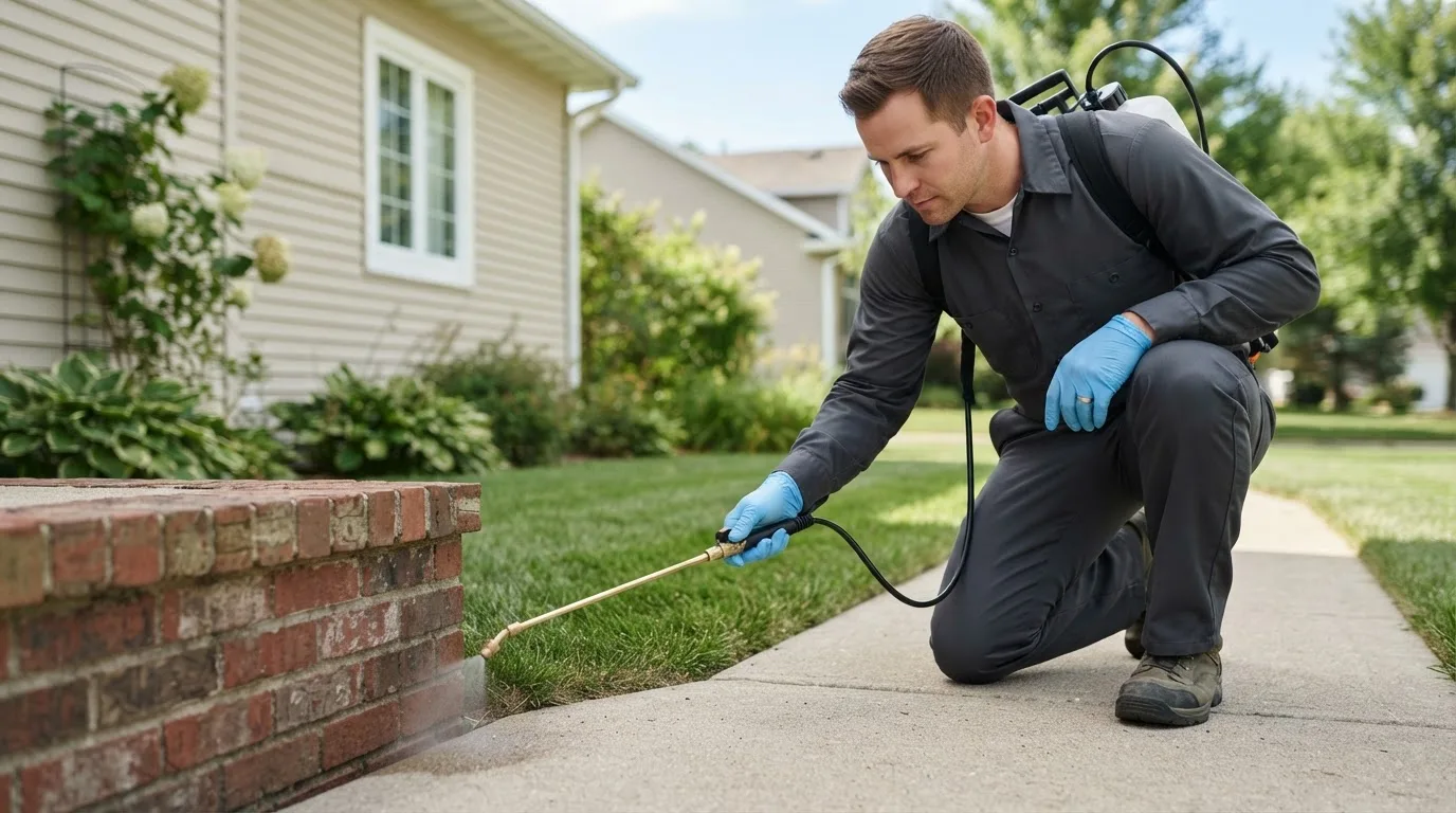 Pest control technician treating a home near Keene, NY